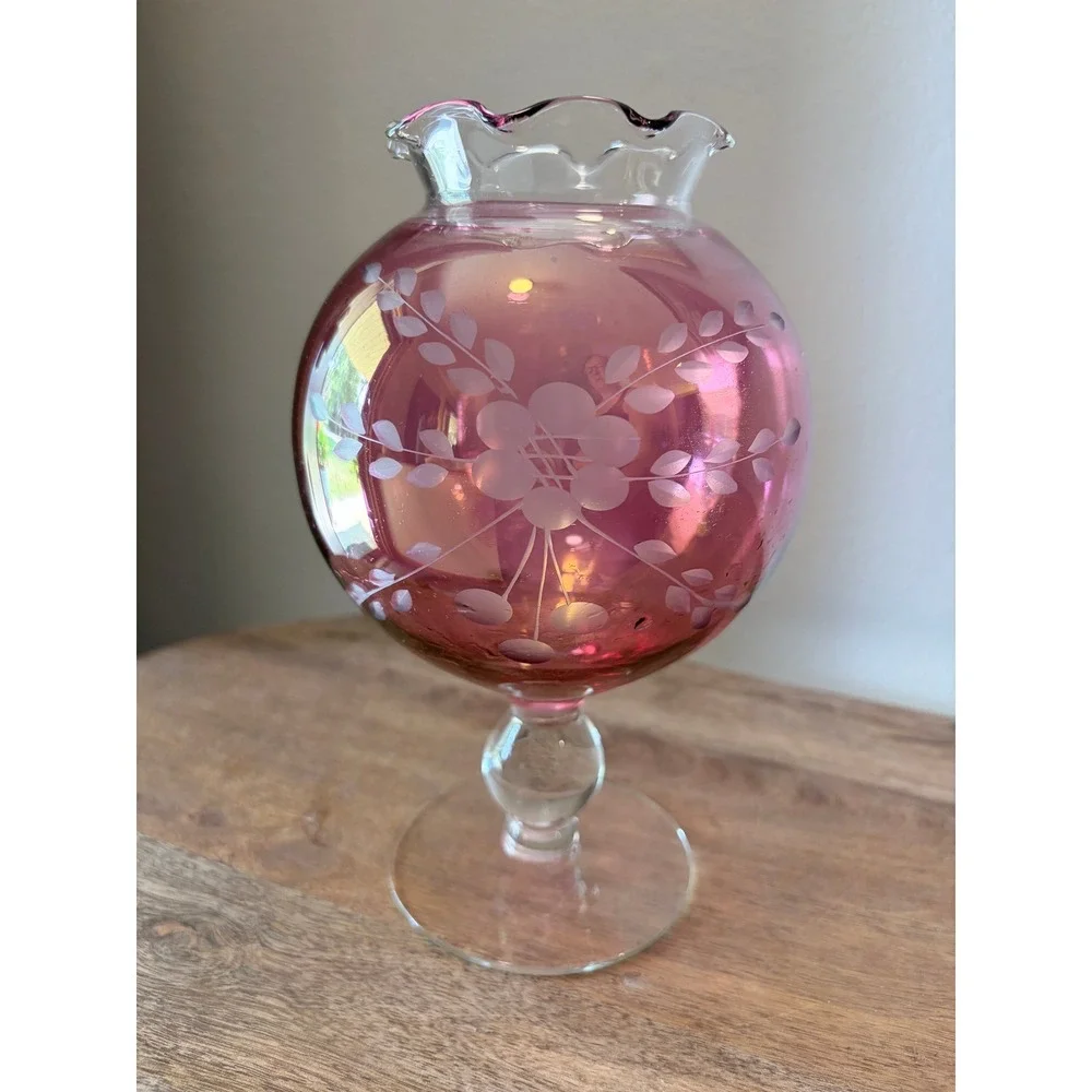 Vintage Cranberry Glass Etched Floral Pedestal Vase Ruffled Rim 7.75 Inch